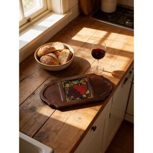 Vintage Price Import Japan Wood Cheese Board Stained Glass Tile Apple Grape 16in